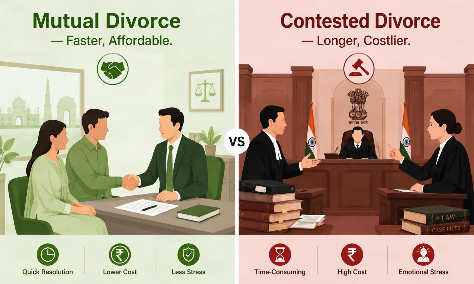 Mutual consent divorce vs contested divorce cost comparison in Delhi